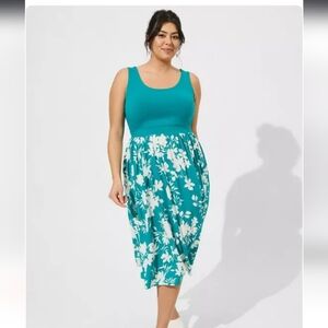Torrid Midi Foxy Challis Twist Back Teal Blue White Floral Dress Size 3X 22/24